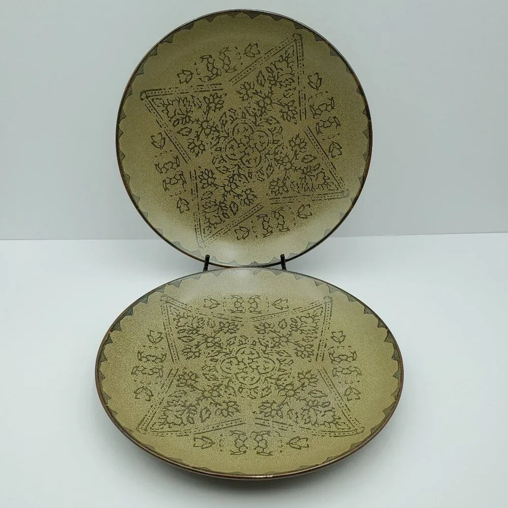 Pier 1 Batik Dinner Plates Pier 1 Imports Olive Green Brown Gray Stoneware Plate